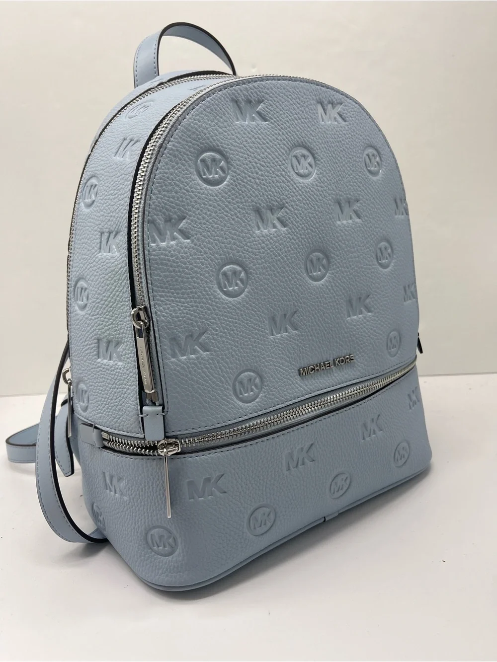 Michael Kors Rhea Medium Zip Logo Debossed Backpack Pale Ocean NWT